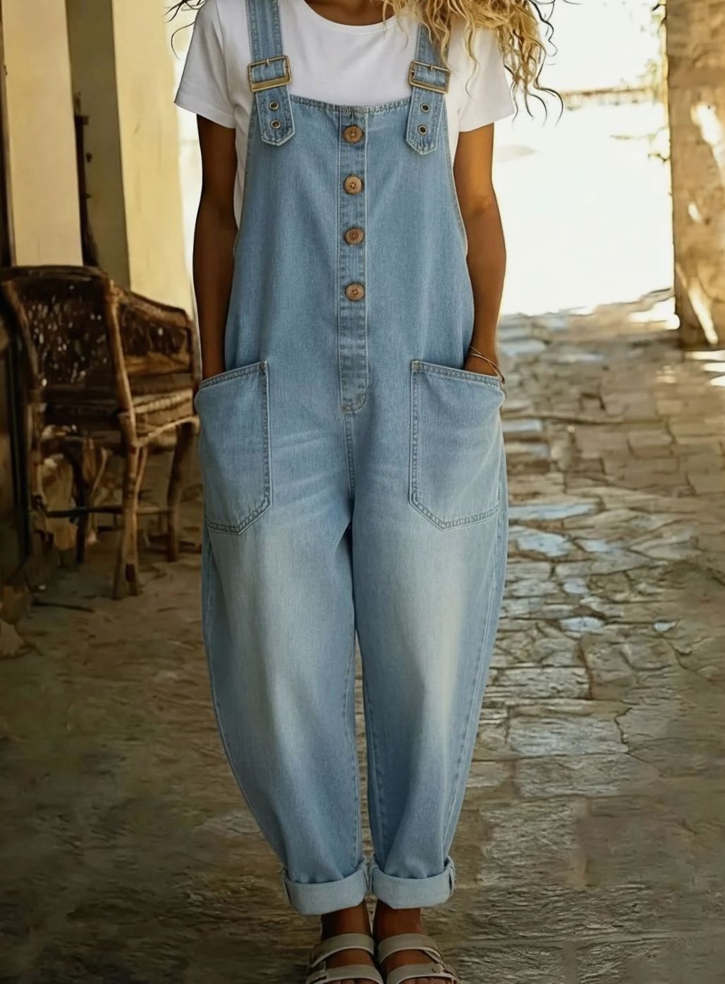Women's Relaxed-Fit Adjustable Buckle Strap Denim Jumpsuit Overalls - Light Blue