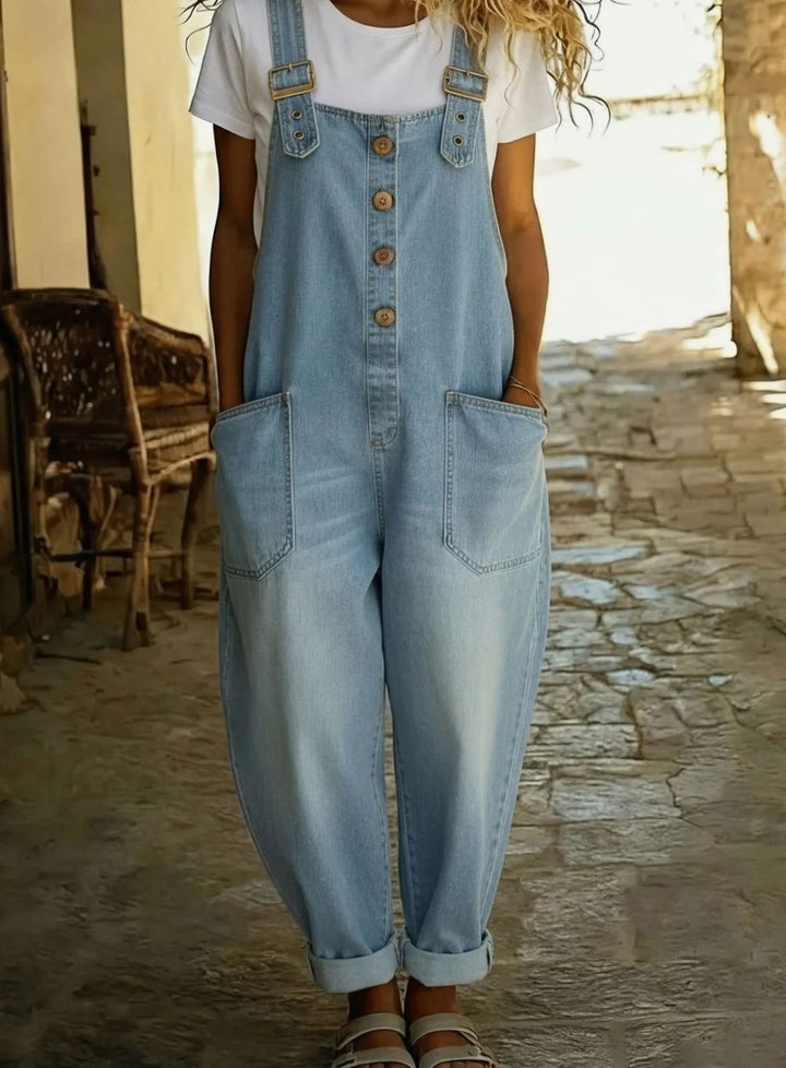 Women's Relaxed-Fit Adjustable Buckle Strap Denim Jumpsuit Overalls - Light Blue