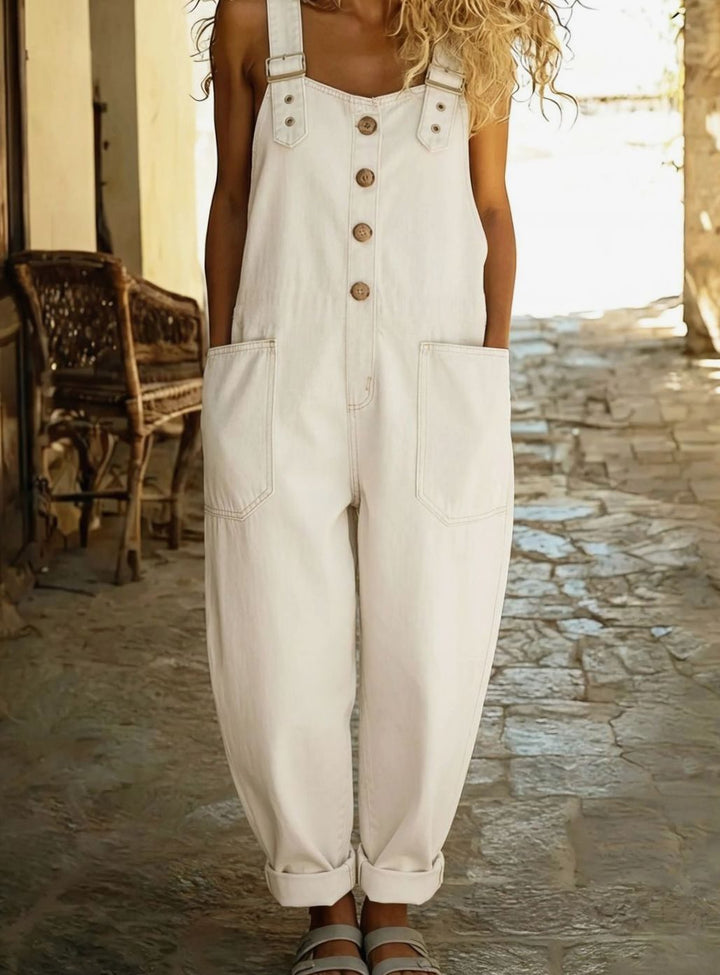Women's Relaxed-Fit Adjustable Buckle Strap Denim Jumpsuit Overalls - White