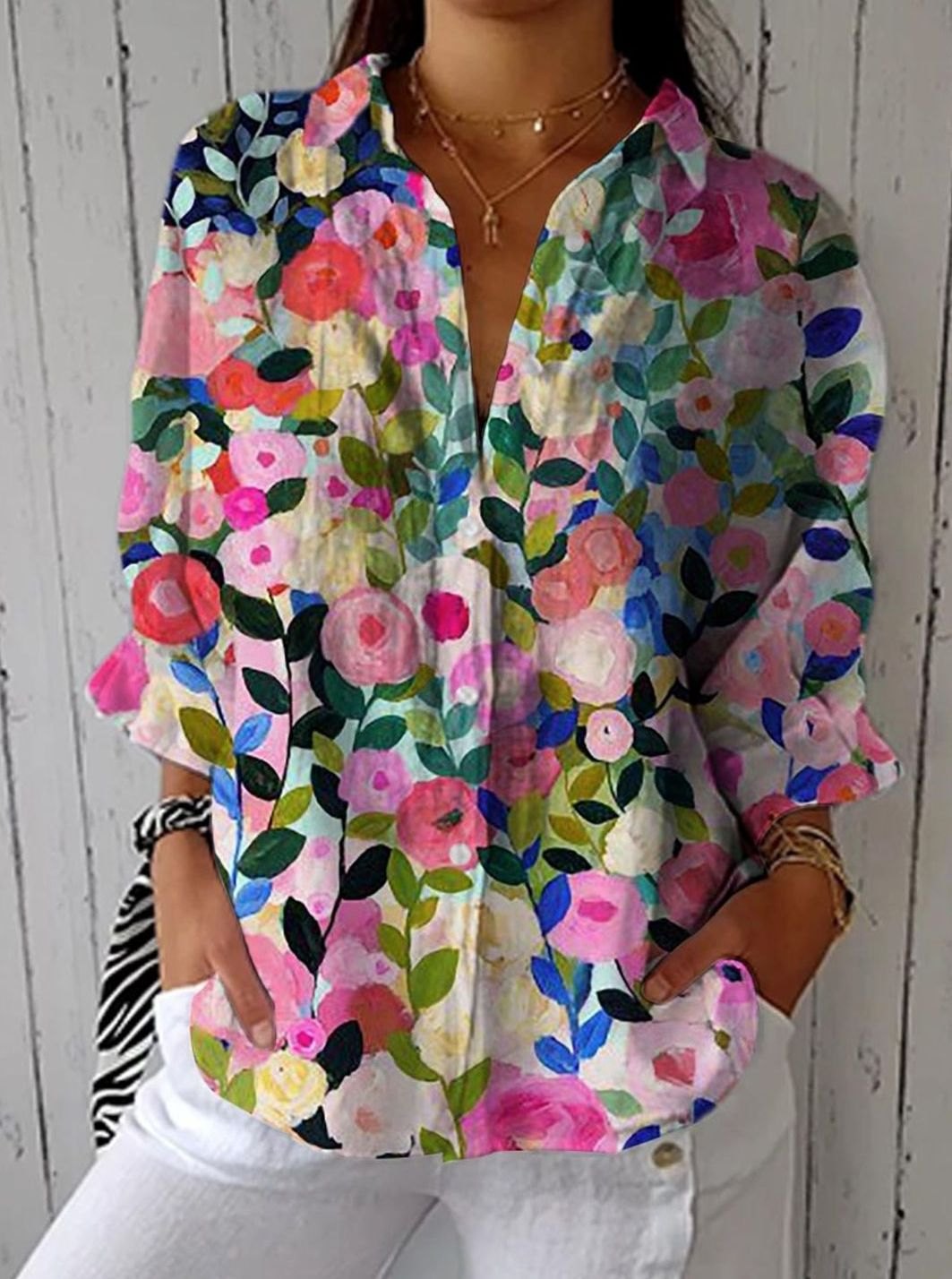 Women's Relaxed-Fit Button-Front Floral Long Sleeve Blouse - Multicolor