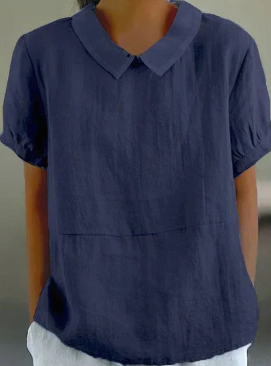 Women's Relaxed-Fit Collared Short-Sleeve Blouse - Navy Blue