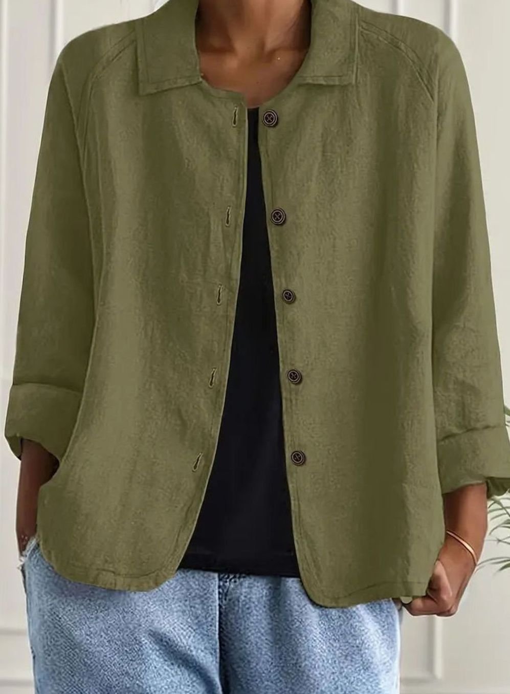 Women's Relaxed-Fit Cotton-Linen Button-Up Shirt Cardigan - Olive Green