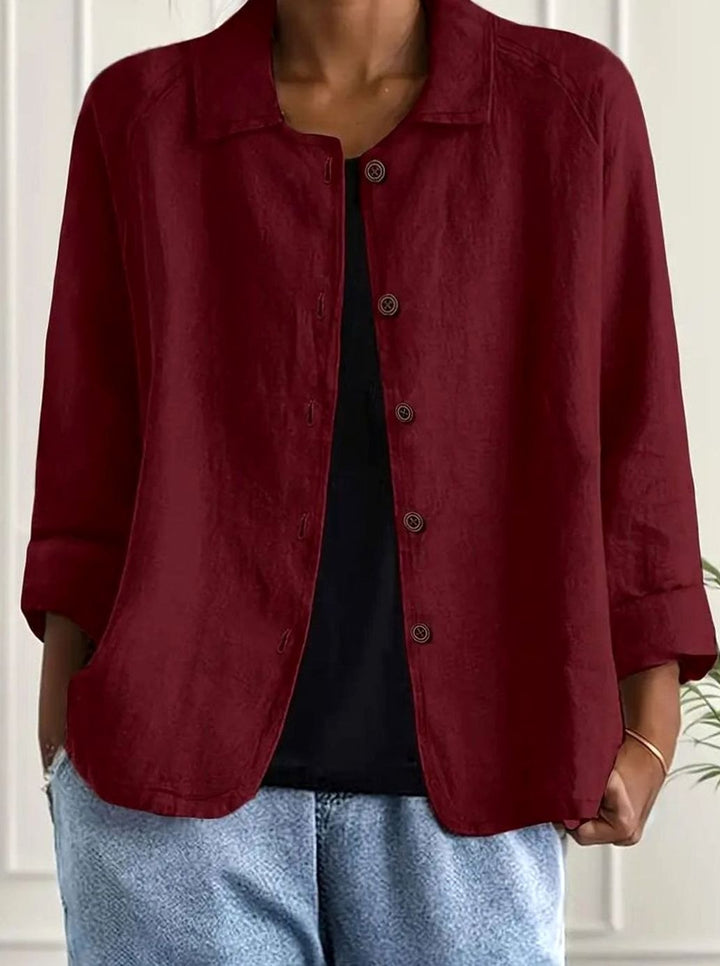 Women's Relaxed-Fit Cotton-Linen Button-Up Shirt Cardigan - Dark Red