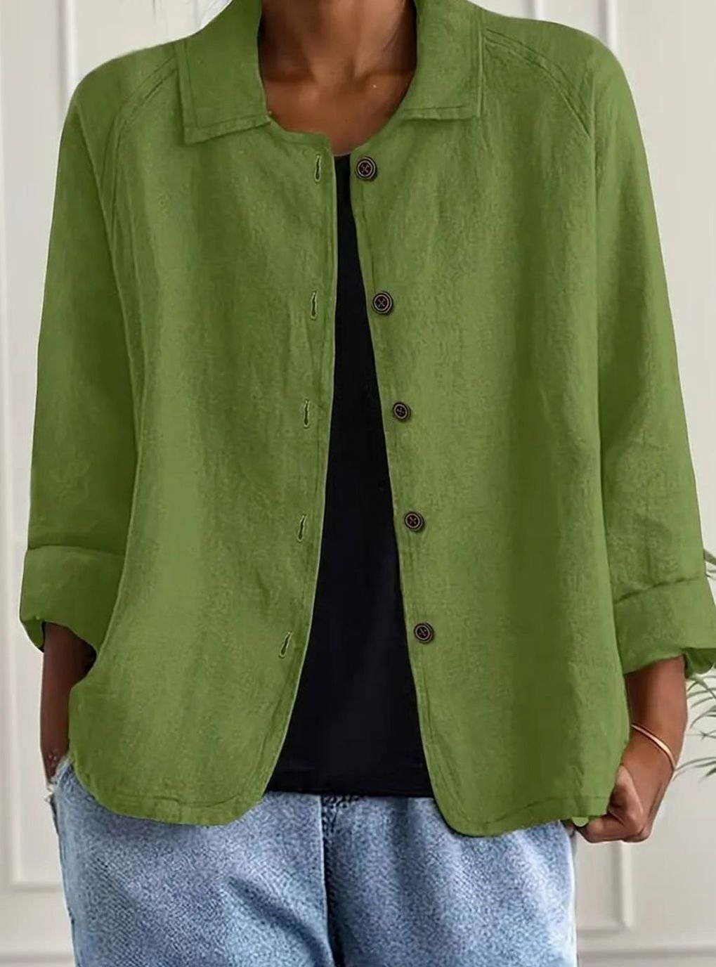 Women's Relaxed-Fit Cotton-Linen Button-Up Shirt Cardigan - Green