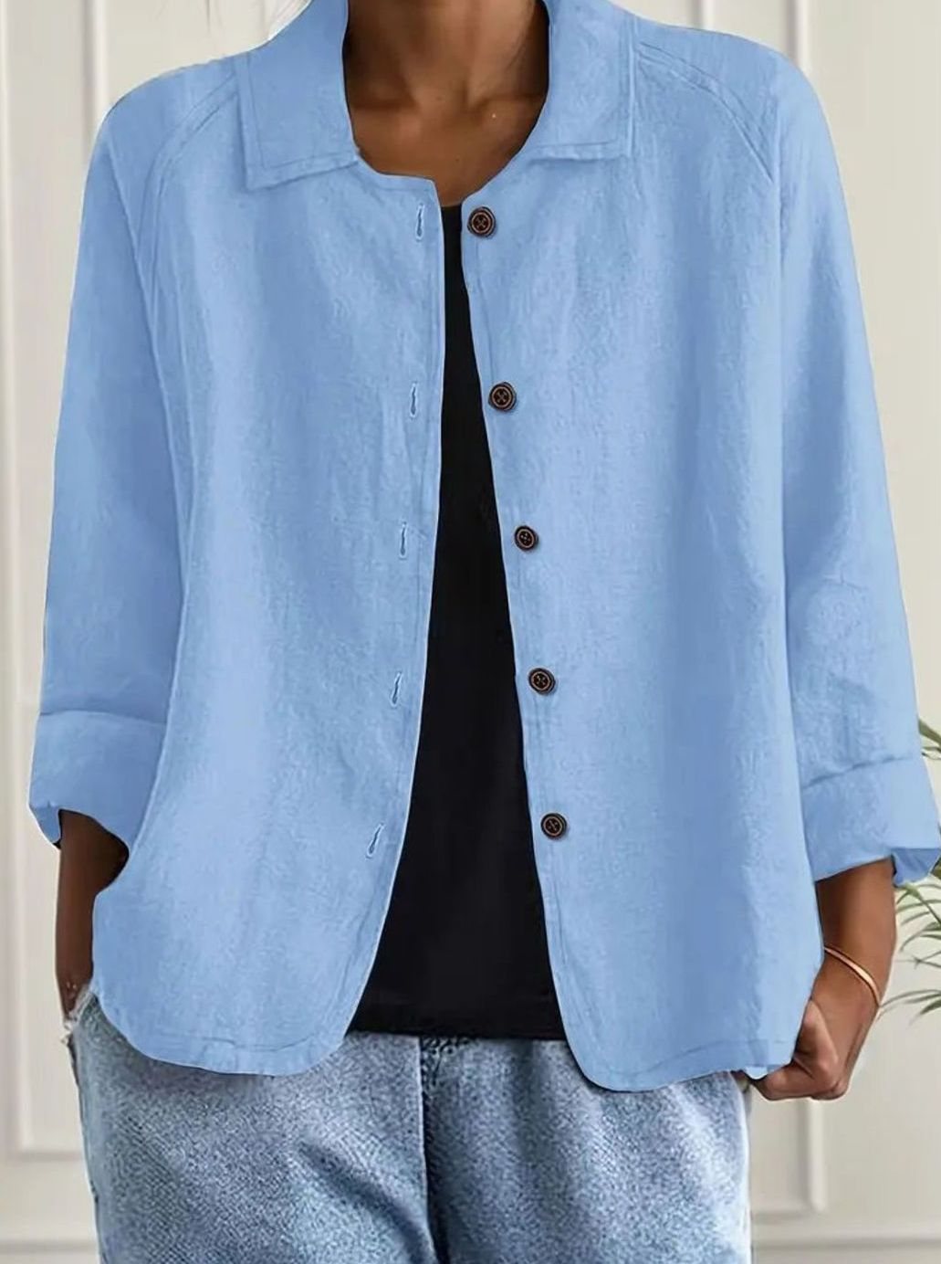 Women's Relaxed-Fit Cotton-Linen Button-Up Shirt Cardigan - Light Blue
