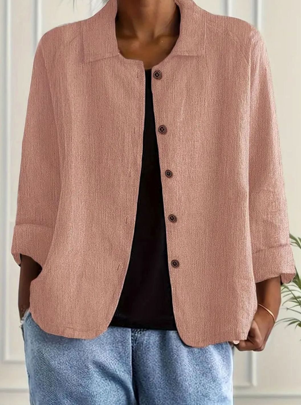 Women's Relaxed-Fit Cotton-Linen Button-Up Shirt Cardigan - Pink