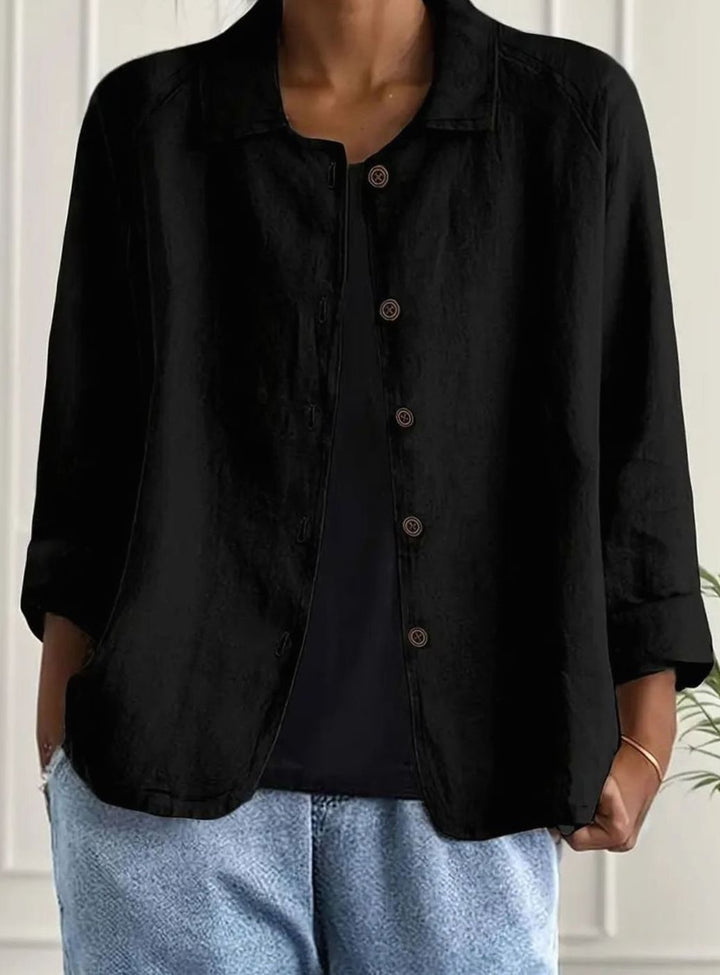 Women's Relaxed-Fit Cotton-Linen Button-Up Shirt Cardigan - Black