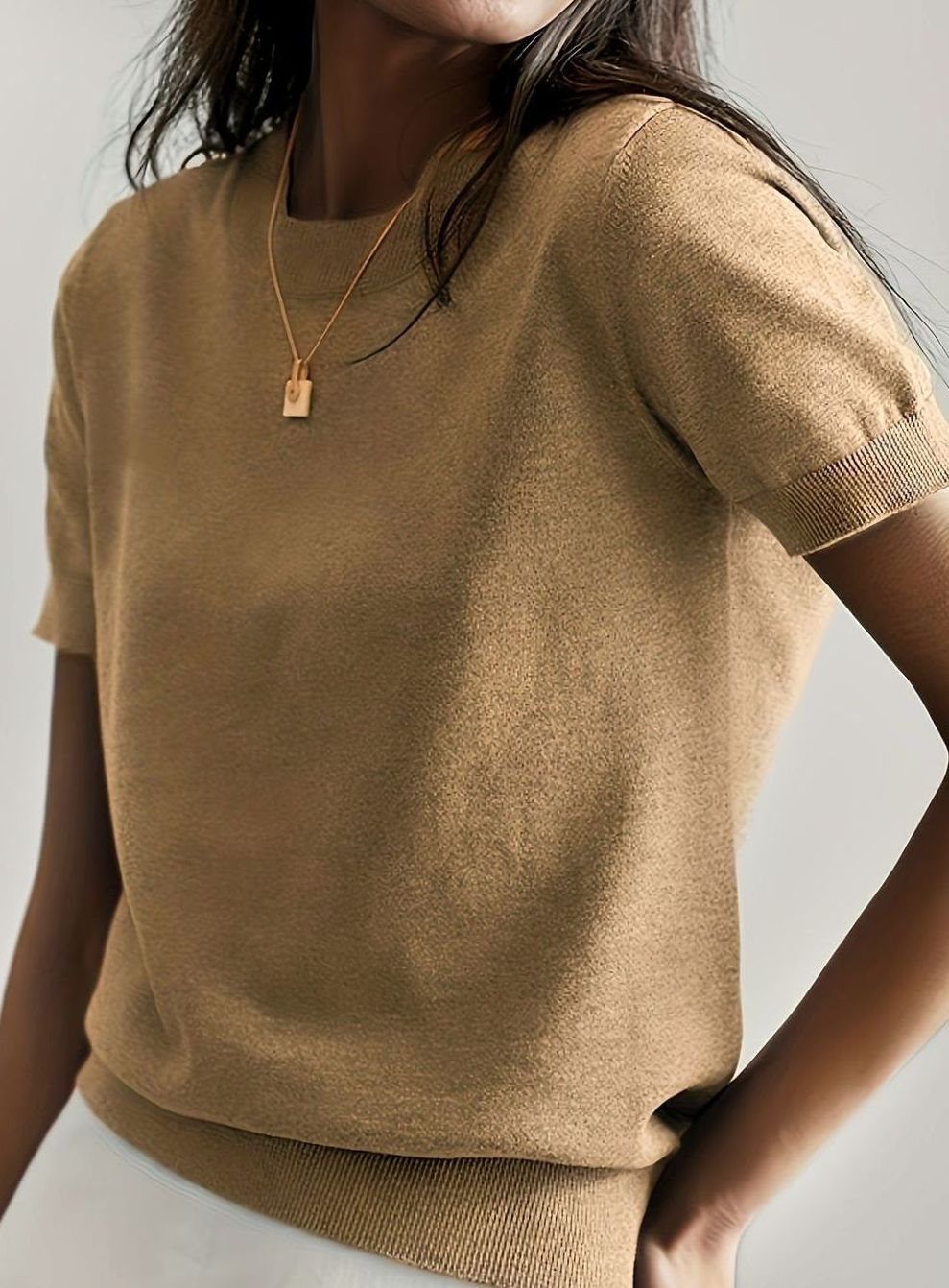 Women's Relaxed-Fit Crew-Neck Short-Sleeve Knit Sweater Top, Blue - Earthy Gold