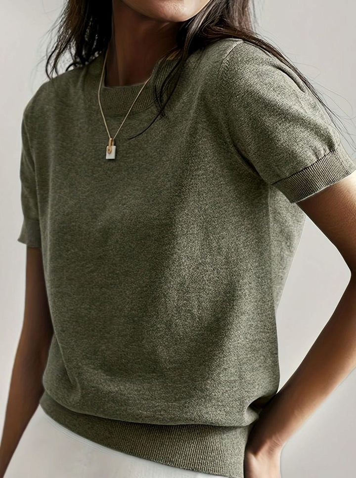 Women's Relaxed-Fit Crew-Neck Short-Sleeve Knit Sweater Top, Blue - Olive