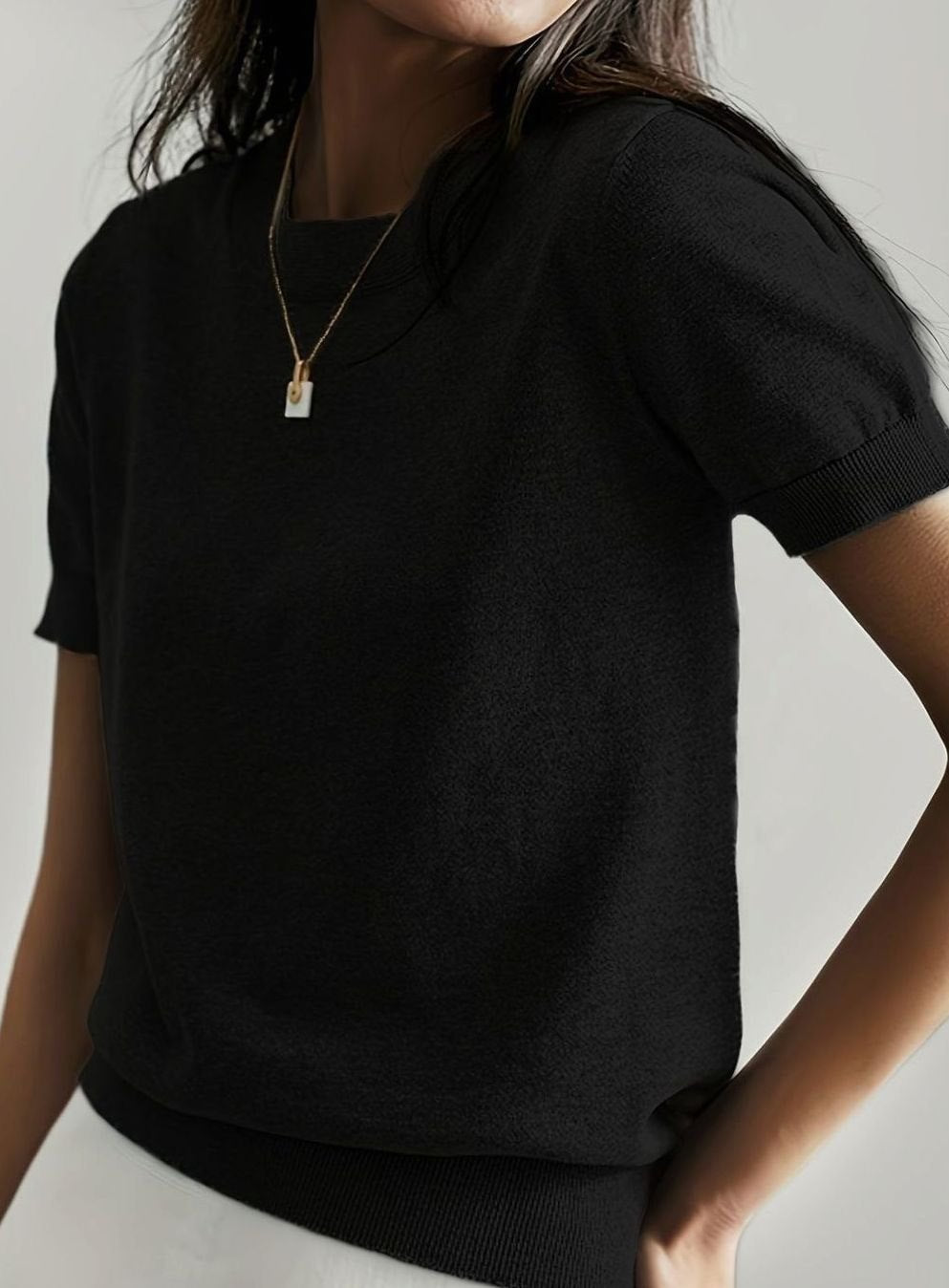 Women's Relaxed-Fit Crew-Neck Short-Sleeve Knit Sweater Top, Blue - Black