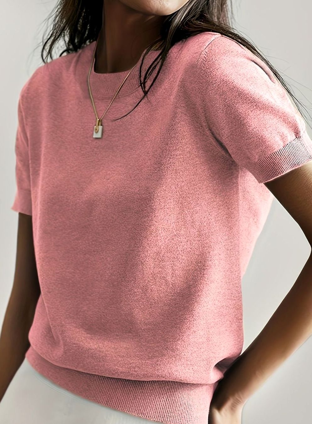 Women's Relaxed-Fit Crew-Neck Short-Sleeve Knit Sweater Top, Blue - Pink