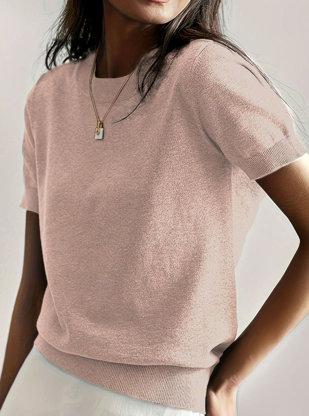 Women's Relaxed-Fit Crew-Neck Short-Sleeve Knit Sweater Top, Blue - Peach
