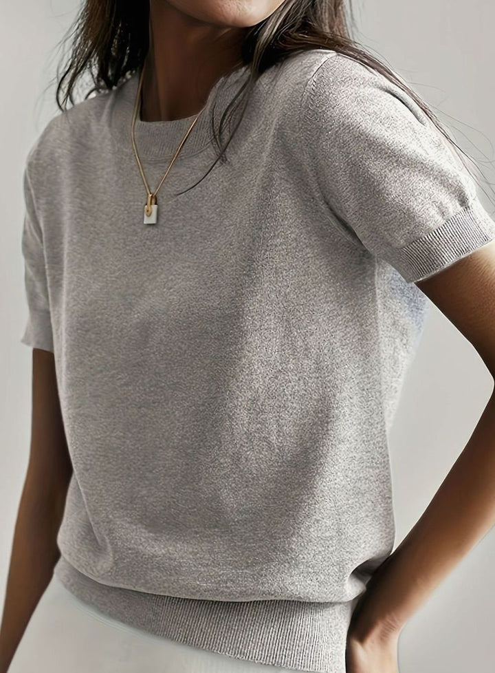 Women's Relaxed-Fit Crew-Neck Short-Sleeve Knit Sweater Top, Blue - Light Gray