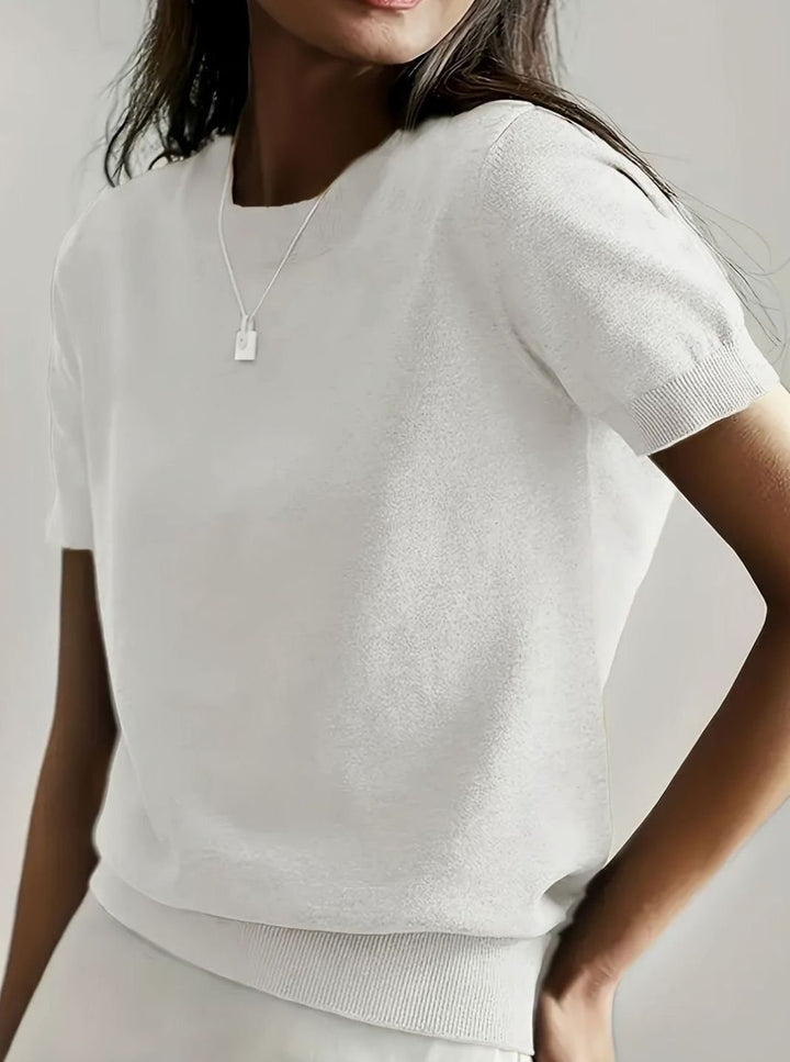 Women's Relaxed-Fit Crew-Neck Short-Sleeve Knit Sweater Top, Blue - White
