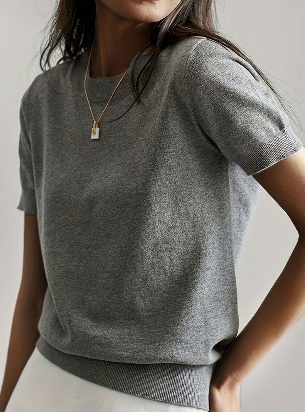 Women's Relaxed-Fit Crew-Neck Short-Sleeve Knit Sweater Top, Blue - Gray