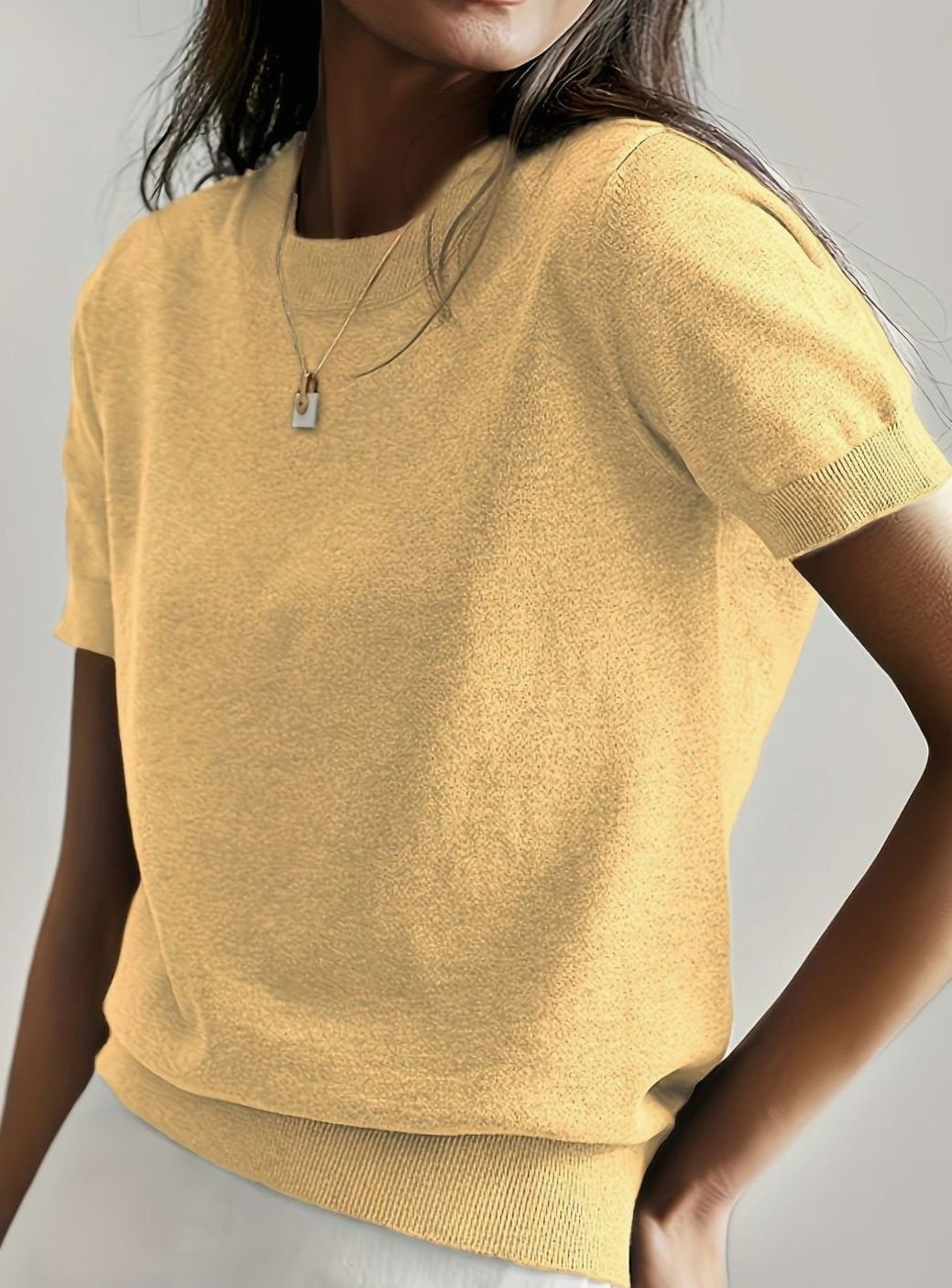 Women's Relaxed-Fit Crew-Neck Short-Sleeve Knit Sweater Top, Blue - Yellow
