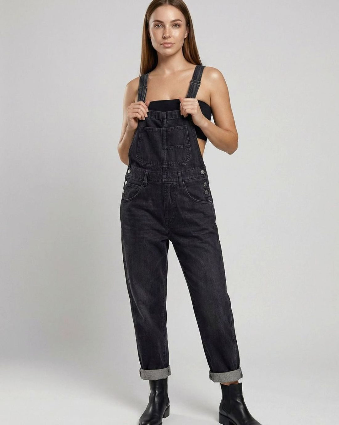 Women's Relaxed-Fit Cross-Back Denim Overalls - Black