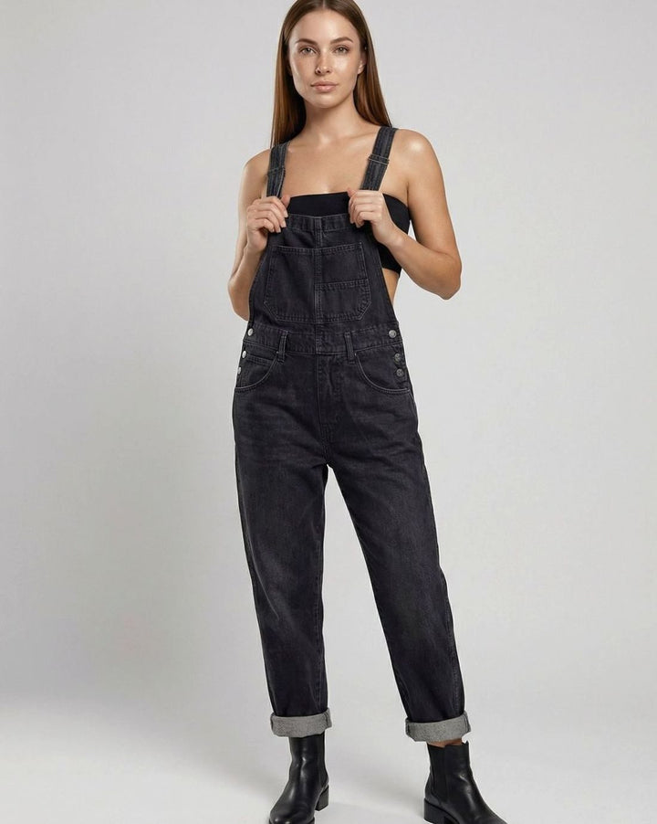 Women's Relaxed-Fit Cross-Back Denim Overalls - Black
