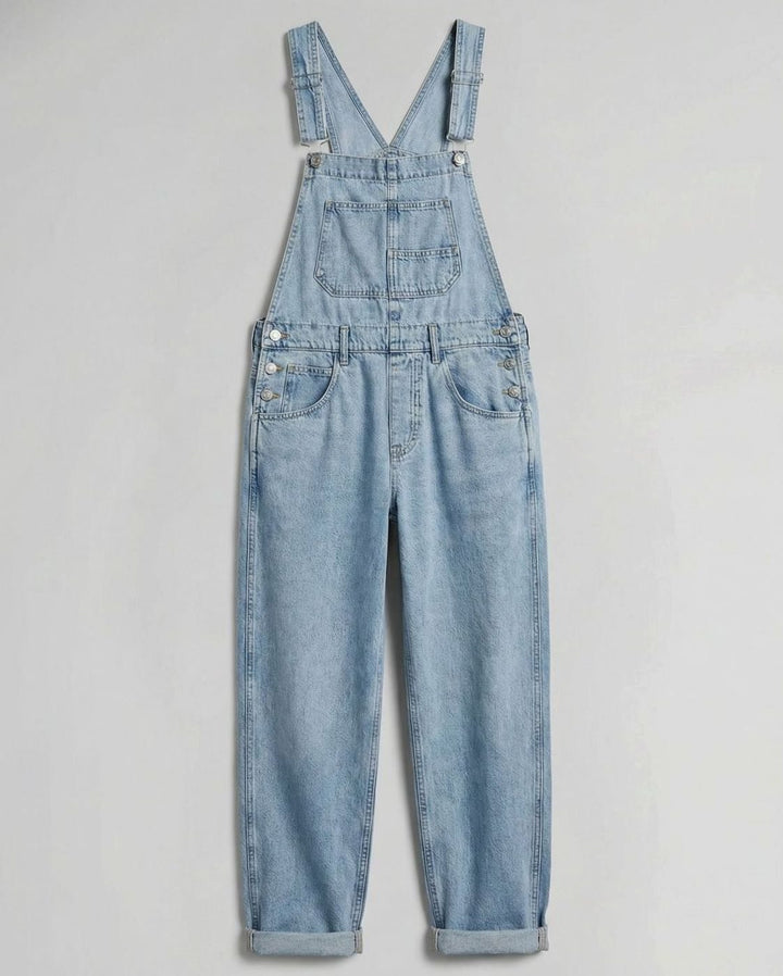 Women's Relaxed-Fit Cross-Back Denim Overalls - Light Blue