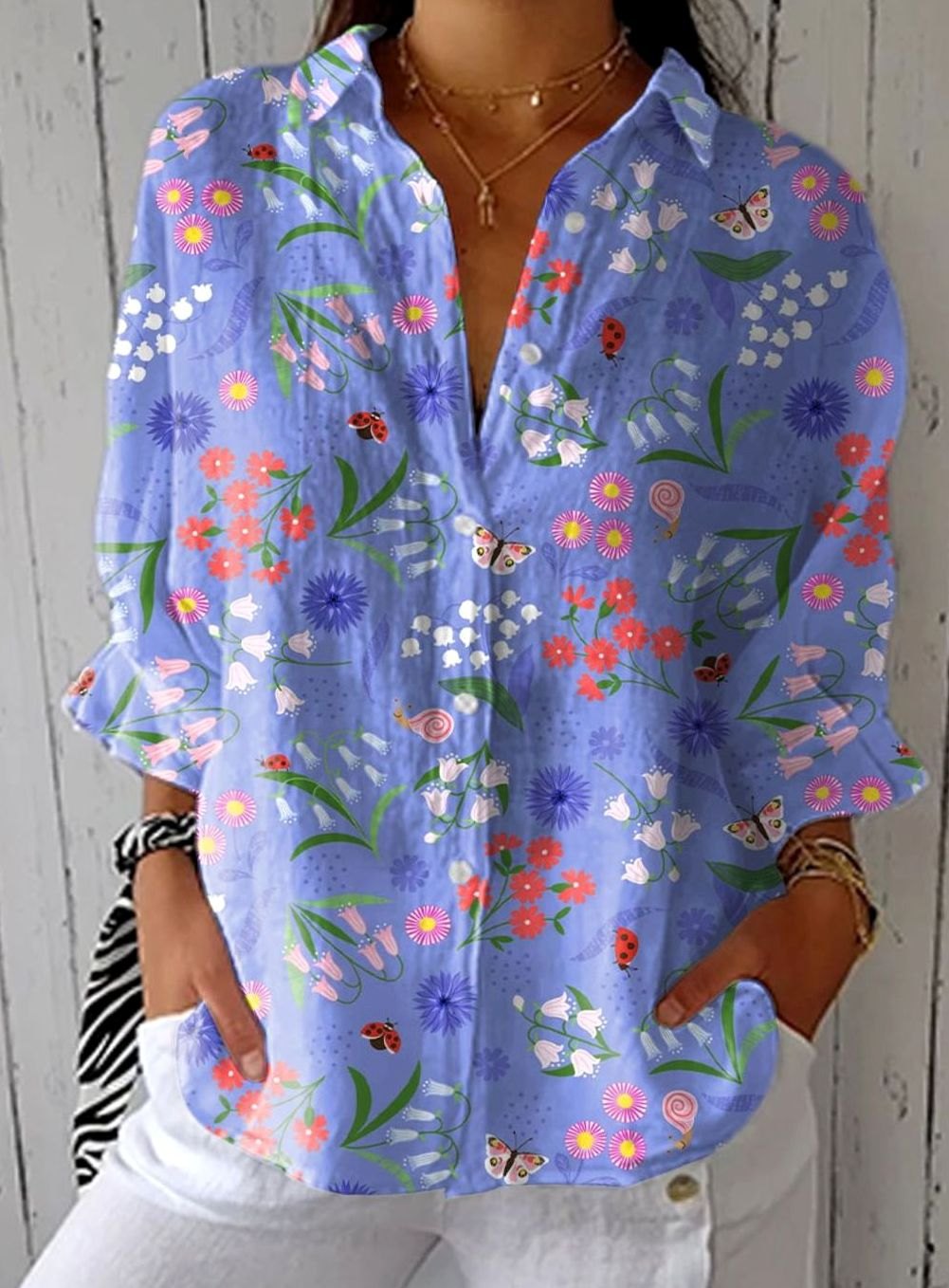 Women's Relaxed-Fit Floral Button-Front Long Sleeve Blouse - Purple