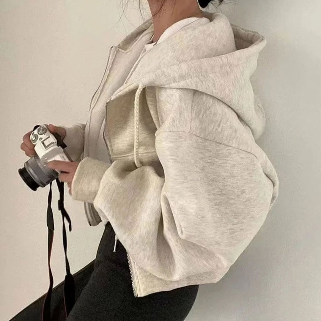 Women's Relaxed-Fit Full-Zip Winter Hoodie Sweatshirt - Beige