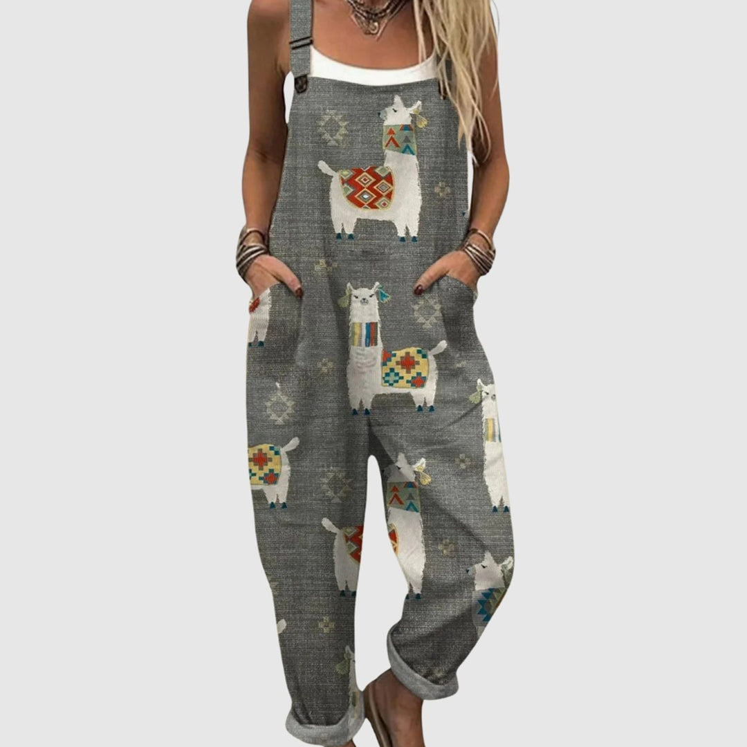 Women's Relaxed-Fit Llama Print Adjustable-Strap Overalls - Gray