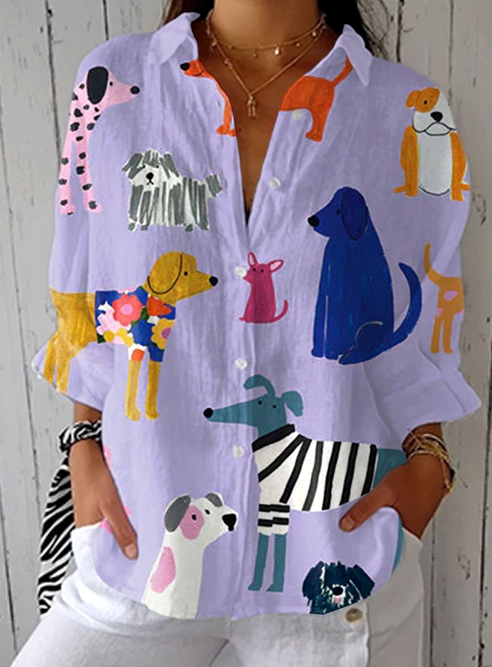 Women's Relaxed-Fit Long-Sleeve Dog-Print Button Blouse - Multicolor
