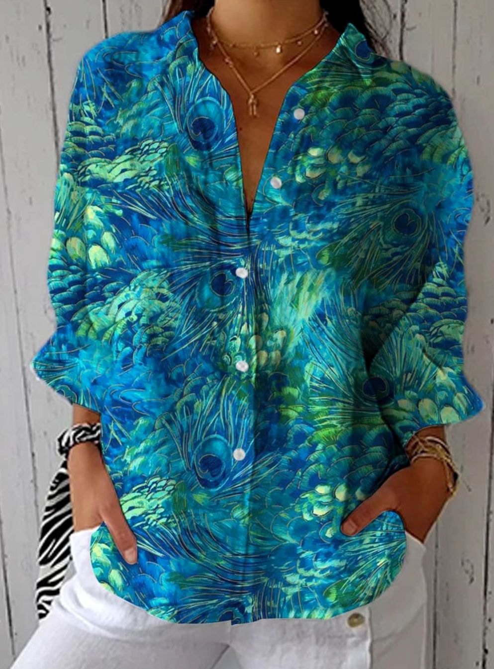 Women's Relaxed-Fit Peacock Print Long Sleeve Blouse - Multicolor