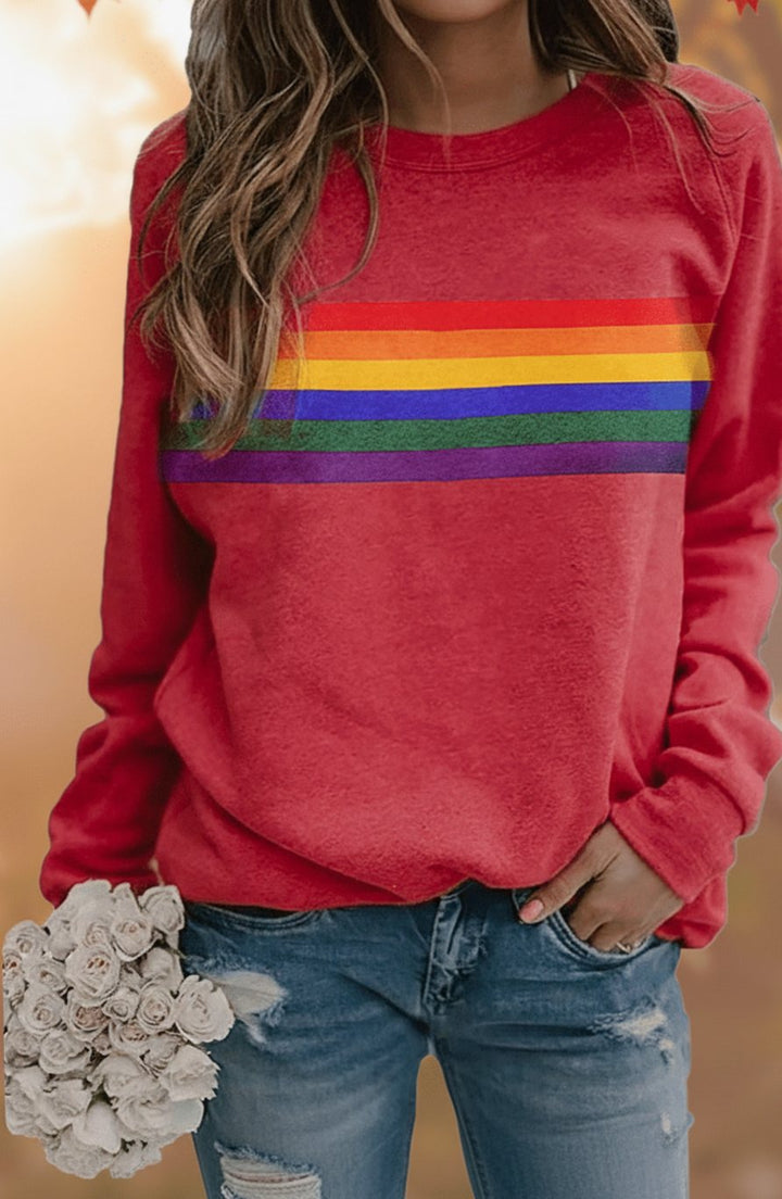 Women's Relaxed-Fit Rainbow Striped Crewneck Sweatshirt - Red