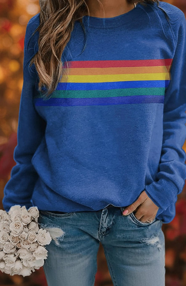 Women's Relaxed-Fit Rainbow Striped Crewneck Sweatshirt - Blue