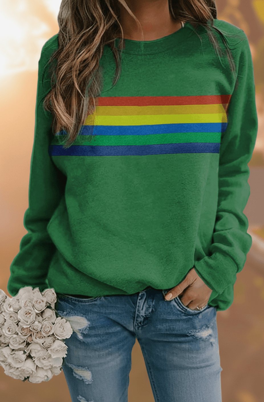 Women's Relaxed-Fit Rainbow Striped Crewneck Sweatshirt