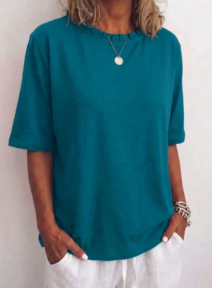 Women's Relaxed-Fit Ruffle-Neck Half-Sleeve Blouse - Dark Blue