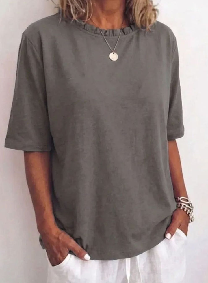 Women's Relaxed-Fit Ruffle-Neck Half-Sleeve Blouse - Dark Gray