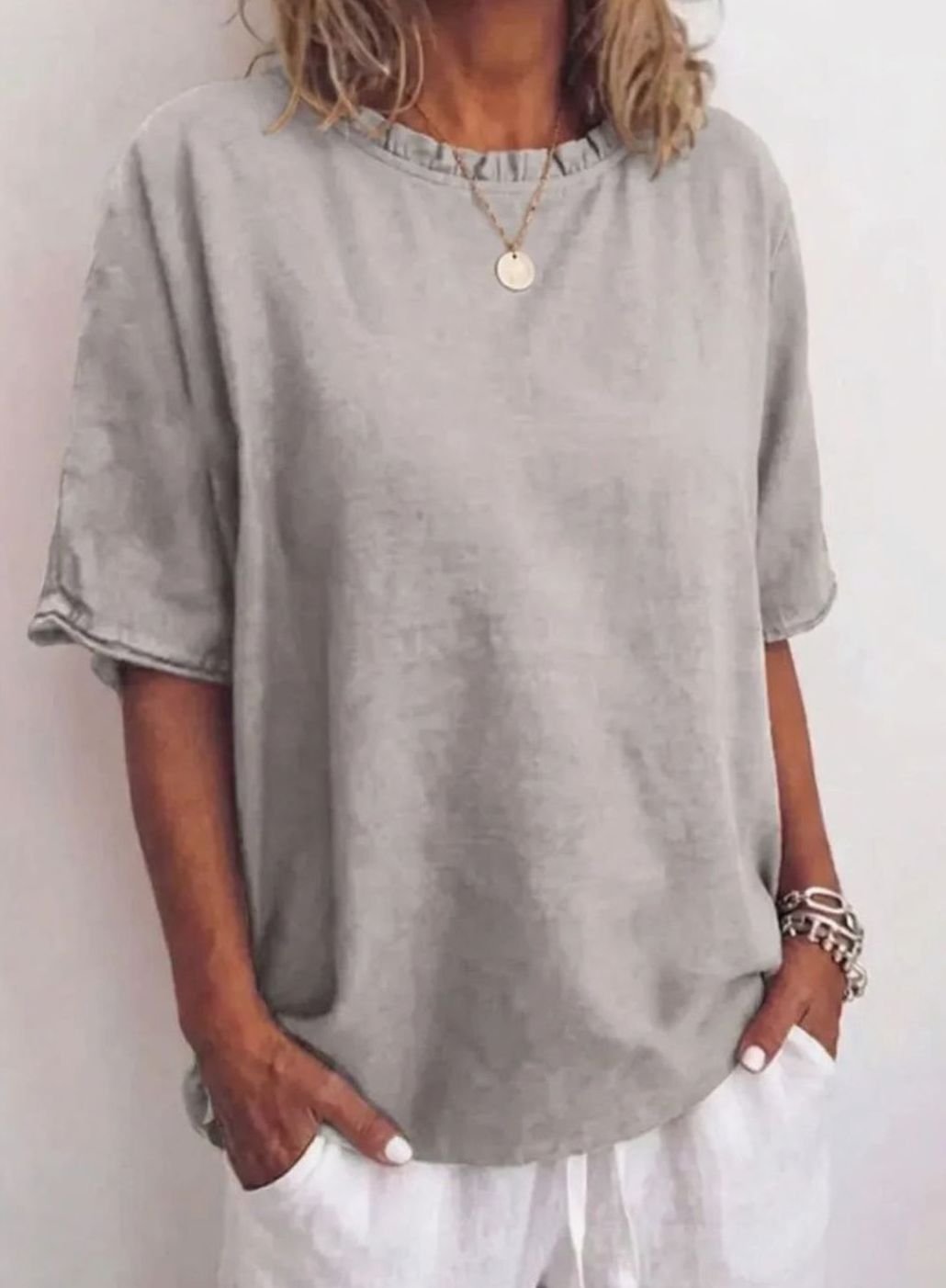 Women's Relaxed-Fit Ruffle-Neck Half-Sleeve Blouse - Gray