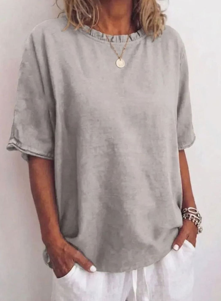 Women's Relaxed-Fit Ruffle-Neck Half-Sleeve Blouse - Gray