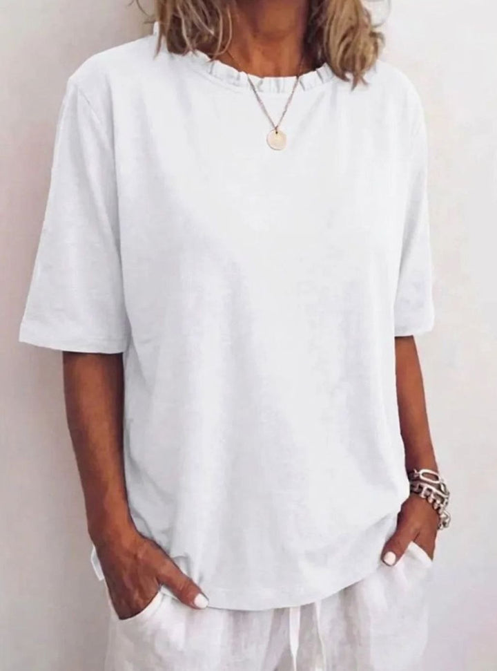 Women's Relaxed-Fit Ruffle-Neck Half-Sleeve Blouse - White