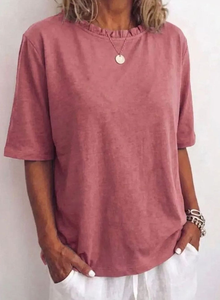 Women's Relaxed-Fit Ruffle-Neck Half-Sleeve Blouse - Dark Pink