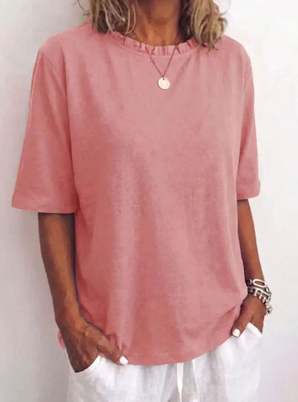 Women's Relaxed-Fit Ruffle-Neck Half-Sleeve Blouse - Pink