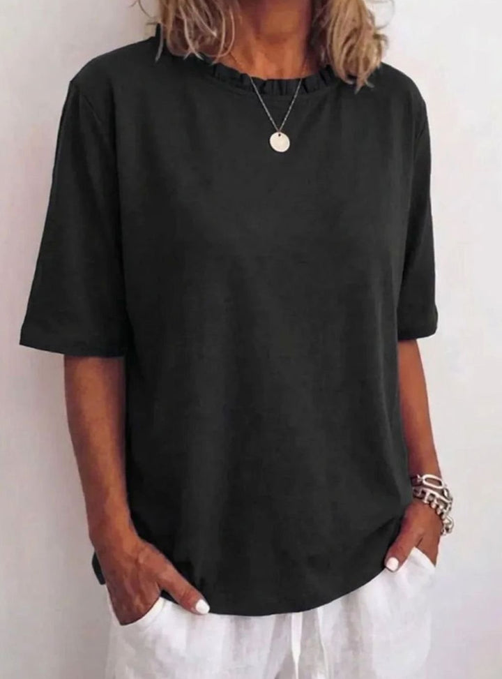 Women's Relaxed-Fit Ruffle-Neck Half-Sleeve Blouse - Black