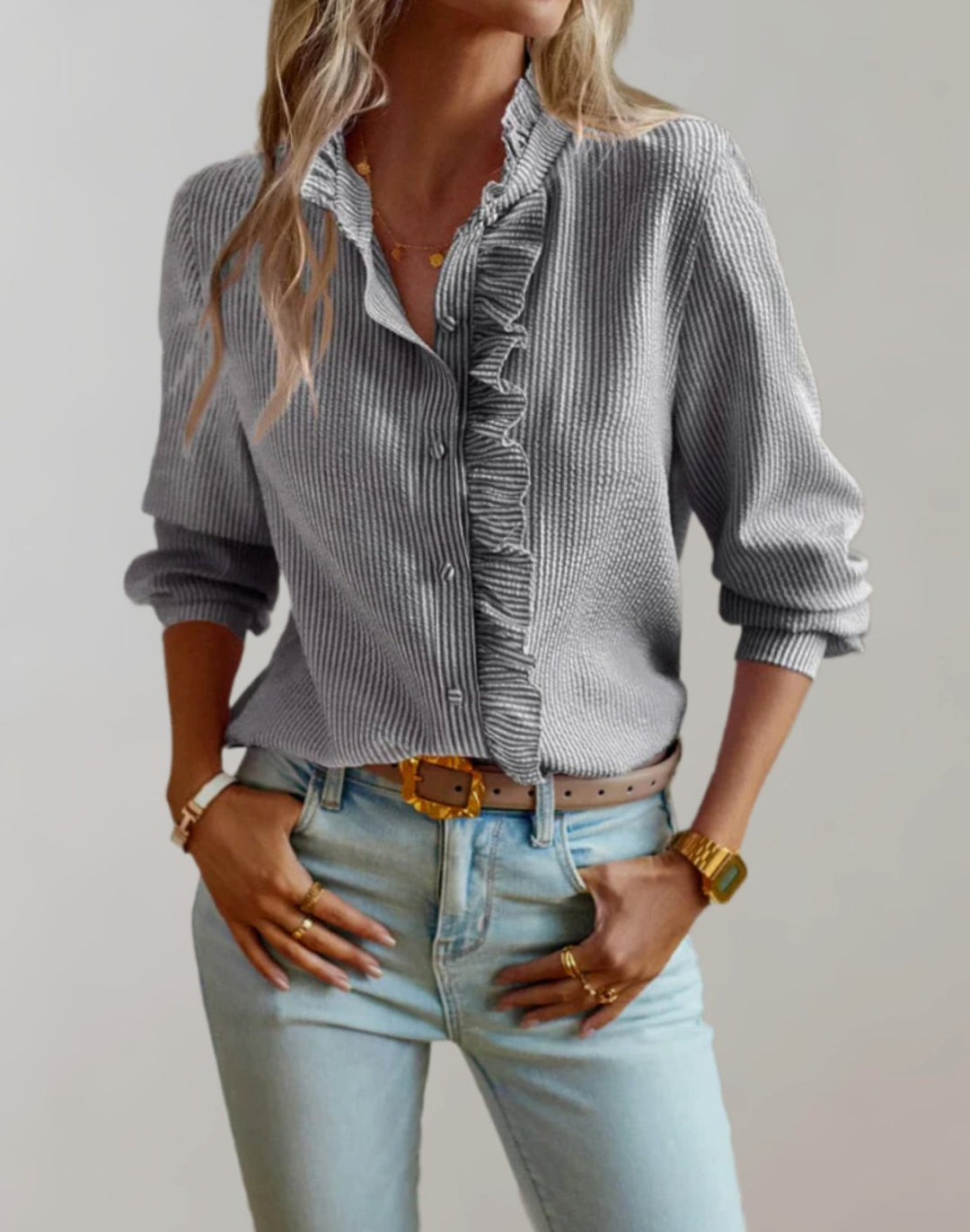Women's Relaxed-Fit Ruffle-Trim Button-Up Long Sleeve Blouse