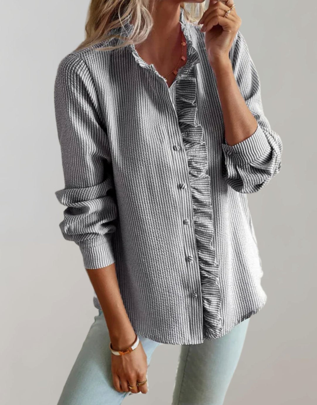 Women's Relaxed-Fit Ruffle-Trim Button-Up Long Sleeve Blouse - Gray