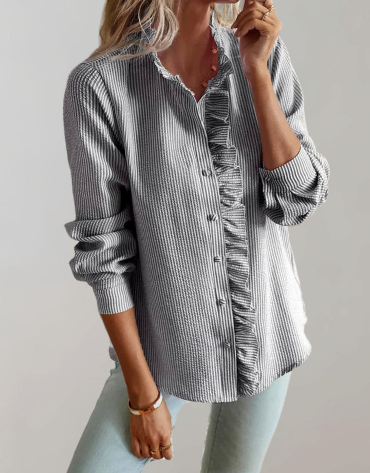 Women's Relaxed-Fit Ruffle-Trim Button-Up Long Sleeve Blouse - Gray