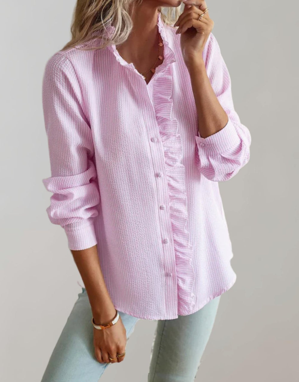 Women's Relaxed-Fit Ruffle-Trim Button-Up Long Sleeve Blouse
