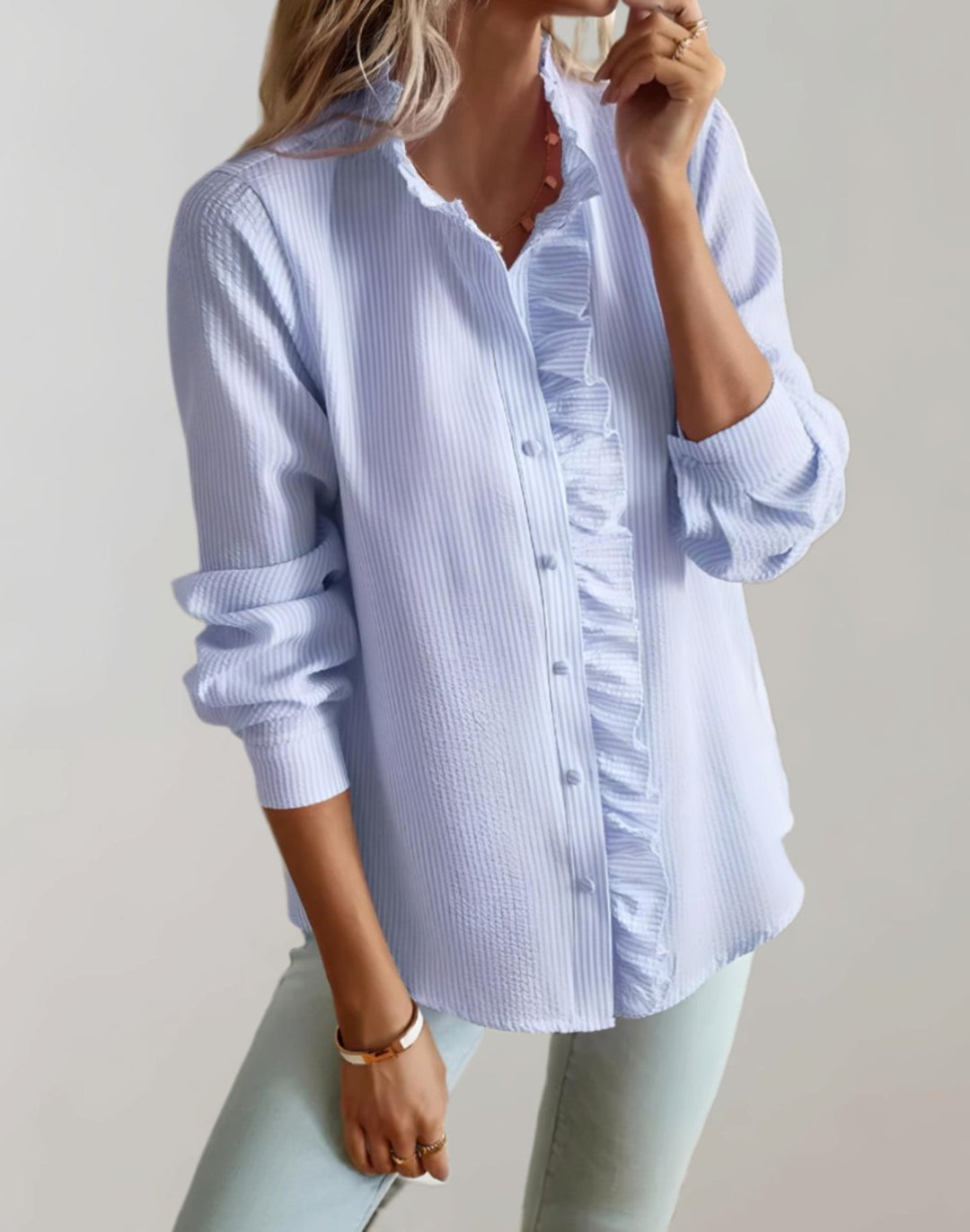 Women's Relaxed-Fit Ruffle-Trim Button-Up Long Sleeve Blouse