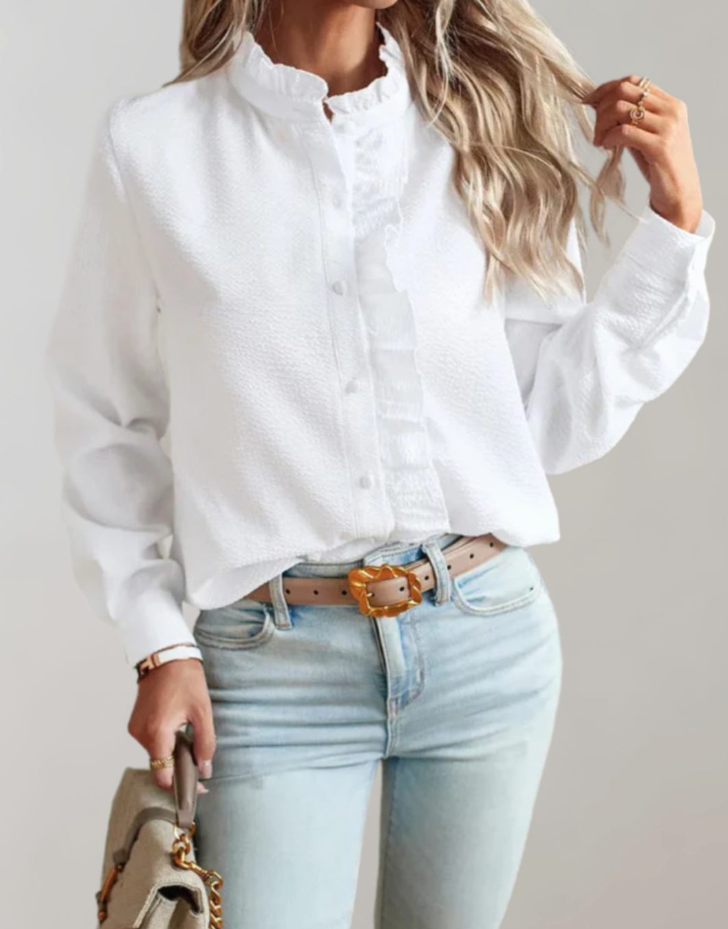 Women's Relaxed-Fit Ruffle-Trim Button-Up Long Sleeve Blouse - White
