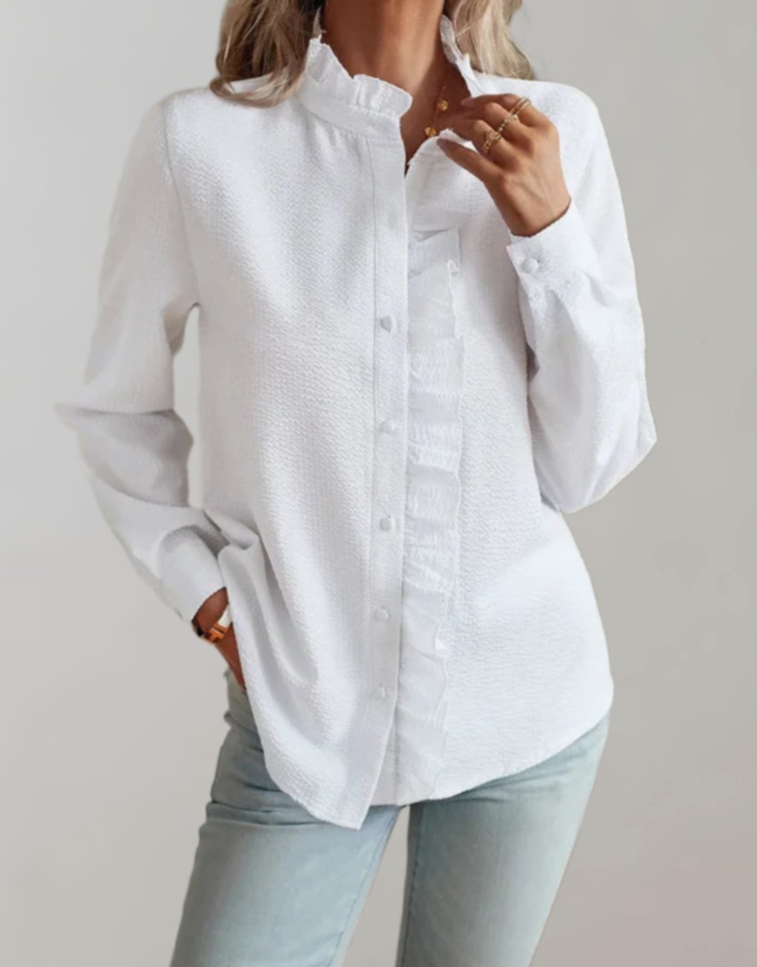 Women's Relaxed-Fit Ruffle-Trim Button-Up Long Sleeve Blouse