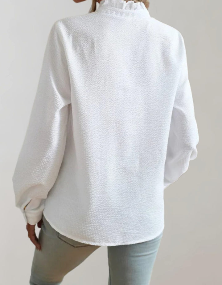 Women's Relaxed-Fit Ruffle-Trim Button-Up Long Sleeve Blouse