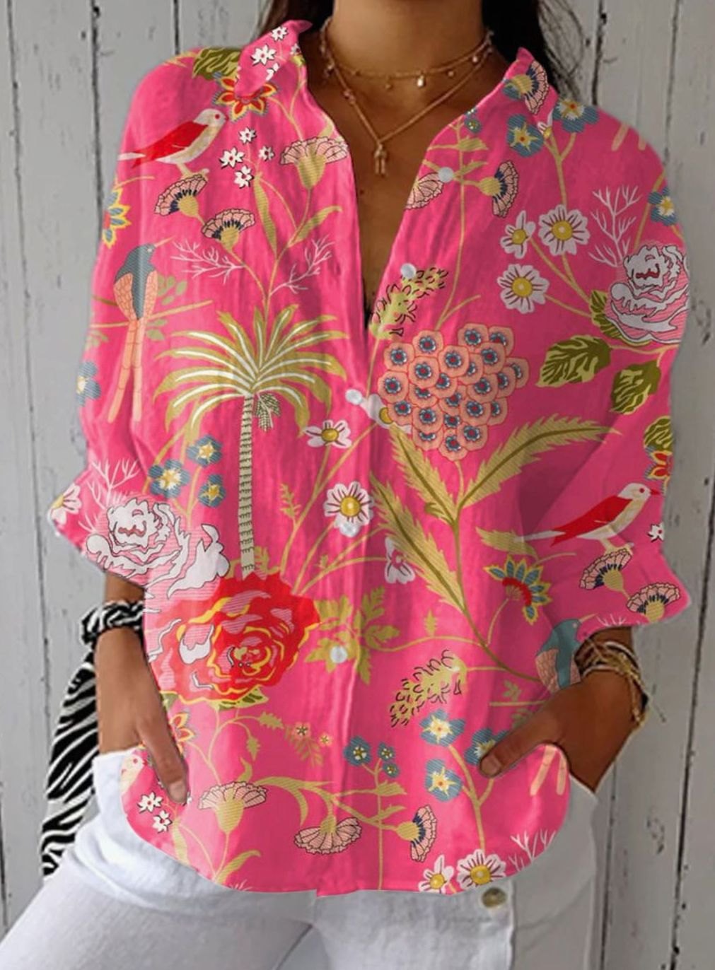 Women's Relaxed-Fit Tropical Floral Bird-Print Long Sleeve Blouse - Multicolor
