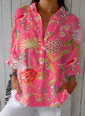 Eleanor | Women's Relaxed-Fit Tropical Floral Bird-Print Long Sleeve Blouse