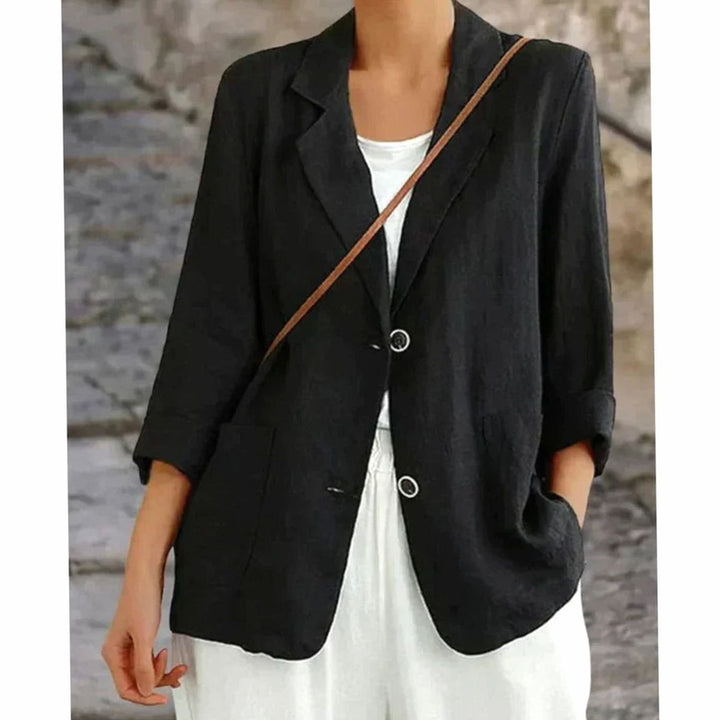 Women's Relaxed-Fit Two-Button Linen Blazer Jacket - Black